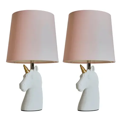 Pair of - Gloss White and Gold Ceramic Unicorn Table Lamps with a Pink Tapered Light Shade