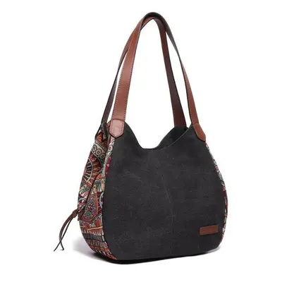 (Black) Main Bags Bohemia Large Capacity Canvas Floral Handbag Shoulder Bag For Women