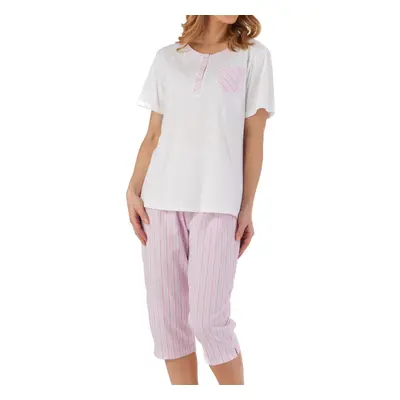 (Pink, UK 16/18) Slenderella Ladies Jersey Top & Cropped Seersucker PJ Bottoms Pyjamas