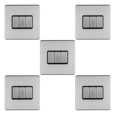 5 PACK Gang Triple Light Switch SCREWLESS SATIN STEEL Way 10A Slim Rocker