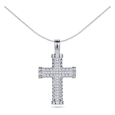 Jewelco London Unisex Rhodium Silver Round CZ Rope Edge Collared Cross Pendant - APX053