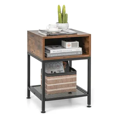 2-Tier End Table Industrial Coffee Sofa Bedside Table W/ Mesh Shelf