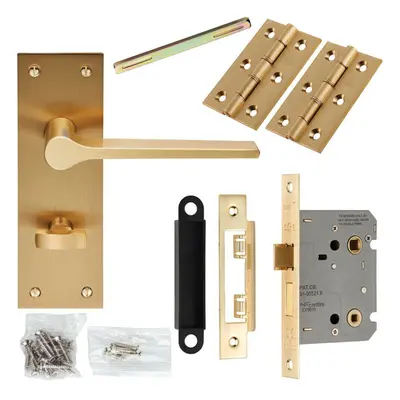 Door Handle & Bathroom Lock Pack Satin Brass Flat Lever Thumb Turn Backplate