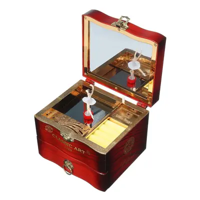 (Wood color) Hand Crank Rotating Dancers Ballerina Music Box Metal Antique Jewelry Box