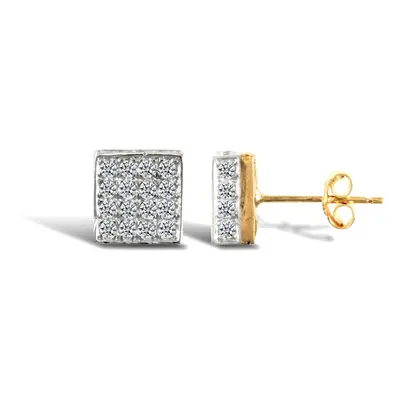 Jewelco London Ladies 9ct Yellow Gold White Round Brilliant Cubic Zirconia 3D Square Shape Stud 