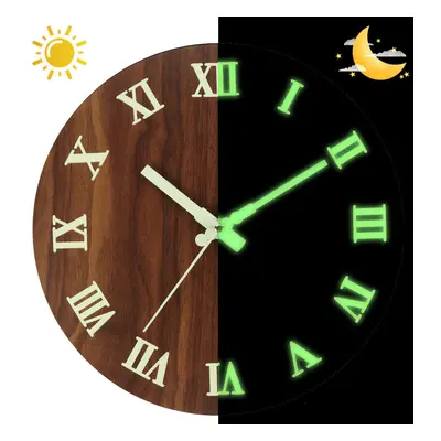 12Inch Dark Brown Wood Luminous Wall Clock Silent Quartz Glow In The Dark Clock Art Home Decor