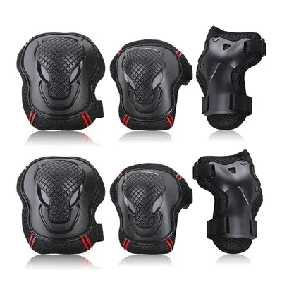 (Red, L) Knee Pads Set Protector Kit Elbow Wrist Guards Protective Equipment for Skateboard Cycl