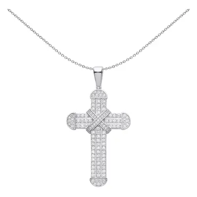 Jewelco London Unisex Rhodium Plated Sterling Silver CZ Dome Capped Kiss Cross Pendant Necklace 