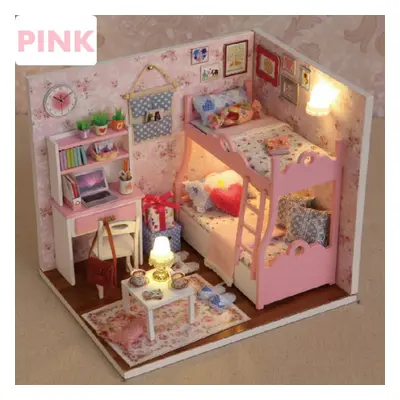 (Pink) Creative Room DIY Handmade Assembly Doll House Miniature Furniture Kit with LED Light Dus