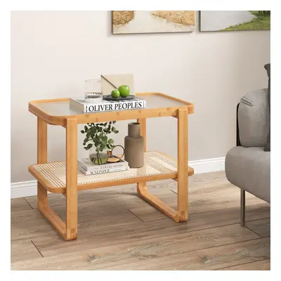 Bamboo Side Table Tempered Glass Top w/ Shelves Bedside Table Sofa End Nightstand