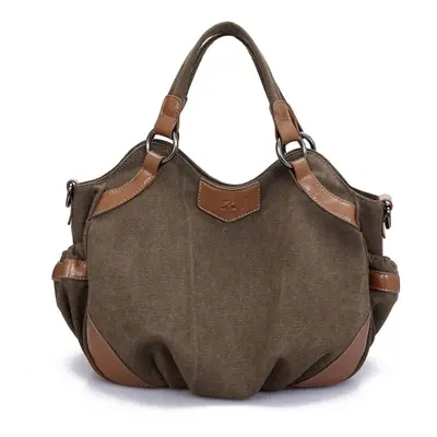 (Brown) Women Canvas Crossbody Bag Handbag PU Leather Splicing Zipper Vintage Shoulder Tote