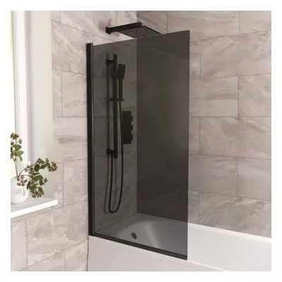 800mm Square Bath Screen Black Profile Tinted Black Glass Reversible | Kai