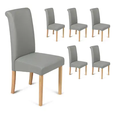 (Grey, 6) Roma Dining Chairs Faux Leather With Scroll Top & Light Oak Leg