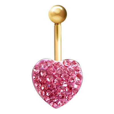 Jewelco London Ladies 9ct Yellow Gold Baby Pink Round Crystal Love Heart Banana Belly Bar, 10mm 