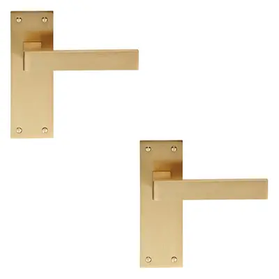 2x PAIR Straight Square Handle on Slim Latch Backplate x 50mm Satin Brass