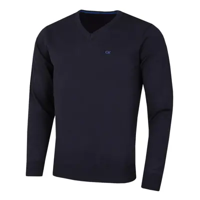 (L, Navy) Calvin Klein Mens V-Neck Soft Cotton Easy Care Sweater