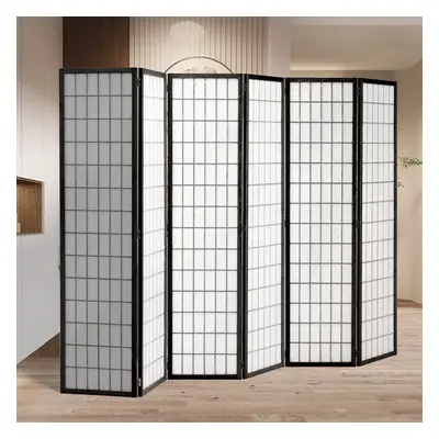 (Black) 6-Panel Solid Wood Folding Room Divider Screen