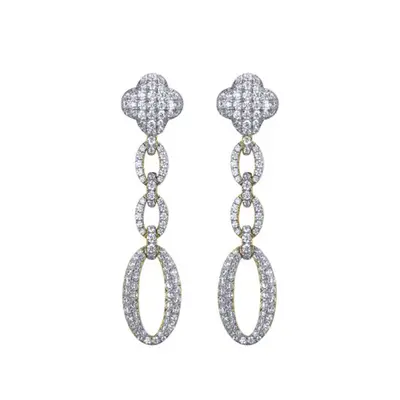 Jewelco London 14k Gold-plated Silver Round CZ Encrusted Oval Link Clover Drop Earrings - AES247