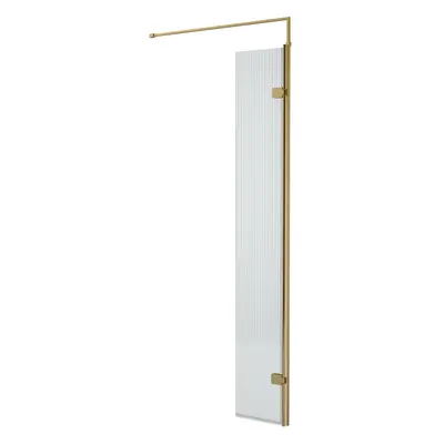 Fluted 8mm Toughened Safety Glass Hinged Return Screen with Support Bar, Brushed Brass - 300mm