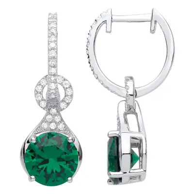 Jewelco London Ladies Rhodium Plated Sterling Silver Green CZ Halo Droplet Solitaire Huggie Hoop