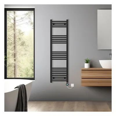 (Black, 1400x400mm) Bathroom Prefilled Electric Heated Towel Rail Straight Radiator Thermo Smart