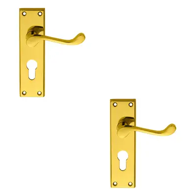 2x PAIR Victorian Scroll Lever on Euro Lock Backplate x 43mm Polished Brass