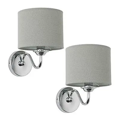 MiniSun Pair of Modern Chrome Curved Arm Wall Light Fittings with Grey Linen Drum Shades