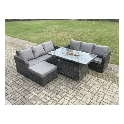 Fimous Rattan Garden Furniture Set with Fire Pit Table Seater Outdoor Patio Lounge Sofa Set Dark