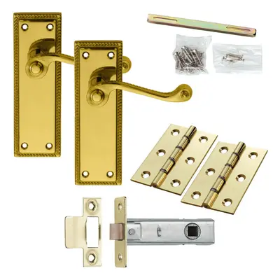 Door Handle & Latch Pack Brass Victorian Scroll Lever Turn Reeded Backplate