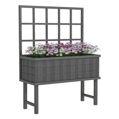 Outsunny Wood Raised Planter w/ Trellis Drain Holes Elevated Garden Bed Grey