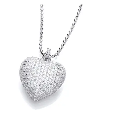 Jewelco London Ladies Rhodium Plated Sterling Silver CZ 3D Pave Encrusted Love Heart Pillow Pend