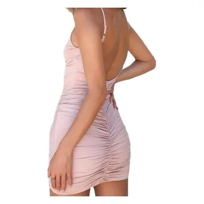 (Pink, XL) Sexy Women Bodycon Dress Sleeveless Backless Ruched Spaghetti Strap Deep V-Neck Party