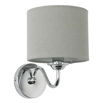 Pair of Modern Chrome Curved Arm Wall Light Fittings with Grey Linen Drum Shades - Complete with