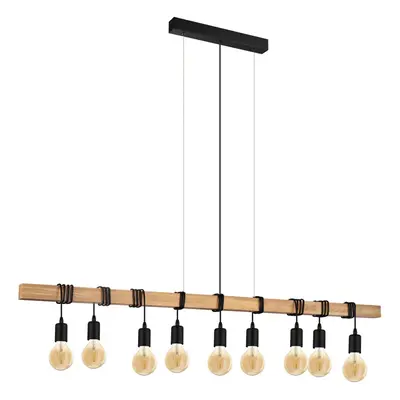 Hanging Ceiling Pendant Light Black & Wood 9x E27 Dining Table Multi Lamp