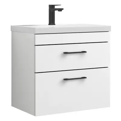 Rio Drawer Wall Hung Vanity Basin Unit - 600mm - Gloss White with Square Black D Handles (Tap No