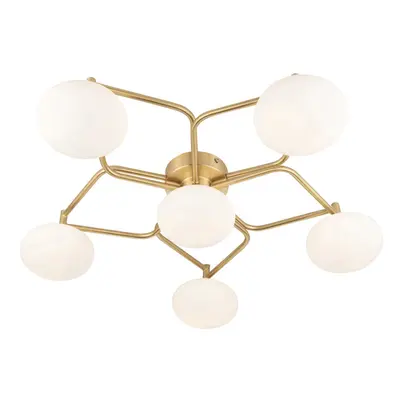 Satin Brass Geometric Flush Ceiling Light - Opal Glass Shades - Bulb Fitting