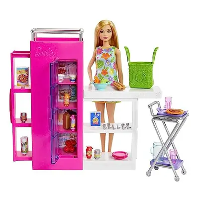 Doll and Ultimate Pantry Playset, Barbie Kitchen Add-On with 30+ Pieces, Doll House Furniture, F