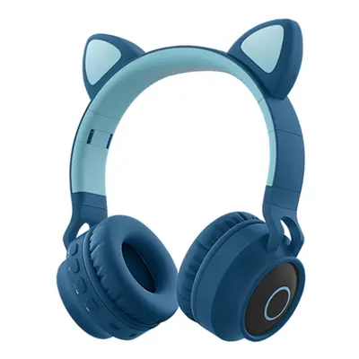 (Blue Green) Faddish Student Cute Cat's Ears Head-Mounted Headset No Wire Cartoon BT Game Charge