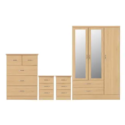 Nevada Piece Sonoma Oak Bedroom Set - Door Drawer Mirrored Wardrobe, Drawer Chest & x Drawer Bed