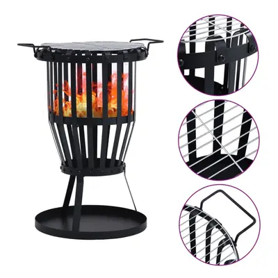 vidaXL Garden Fire Pit Basket with BBQ Grill Steel Fireplace Fire Bowl Pit