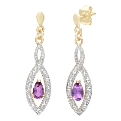 Jewelco London 9ct Yellow Gold Round 1pts Diamond Pear 0.36ct Amethyst Teardrop Drop Earrings - 