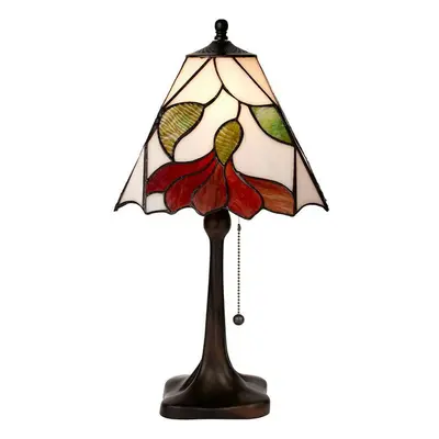 Tiffany Glass Table Lamp Light Dark Bronze & White / Red Floral Shade i00176