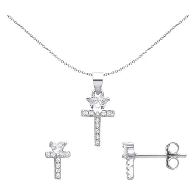 Jewelco London Ladies Rhodium Plated Sterling Silver Heart CZ Love Heart T Cross Earrings Neckla