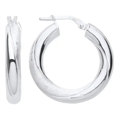 Jewelco London Ladies Rhodium Plated Sterling Silver Satin & Polished Twist Hoop Earrings - ER12