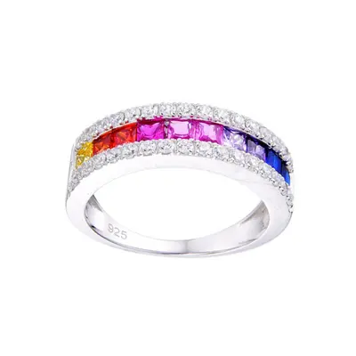 (P) Jewelco London Silver Rhodium Plated Multi Col CZ Half Eternity Ring - ARN194