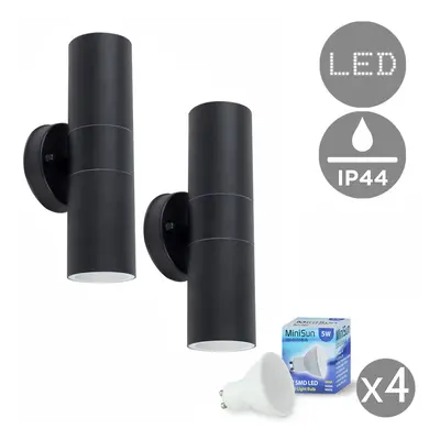 Pair of - Modern Black Stainless Steel Outdoor Up/Down Wall Lights - IP44 Rated - Complete with 