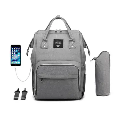 (Grey) 15L Outdoor Travel USB Mummy Backpack Waterproof Baby Diapers Nappy Women Bags