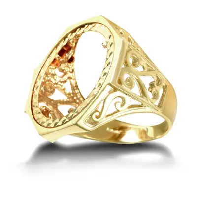 (V) Jewelco London Men's Solid 9ct Yellow Gold Octagon Scroll Full Sovereign Mount Ring - JRN179