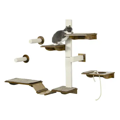 PawHut 8Pcs Wall Mounted Cat Shelves w/ Posts, Perches, Ladder - Brown