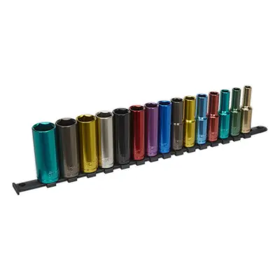 15 PACK Multi Colour DEEP Socket Set 1/2" Metric Square Drive - Pt WallDrive